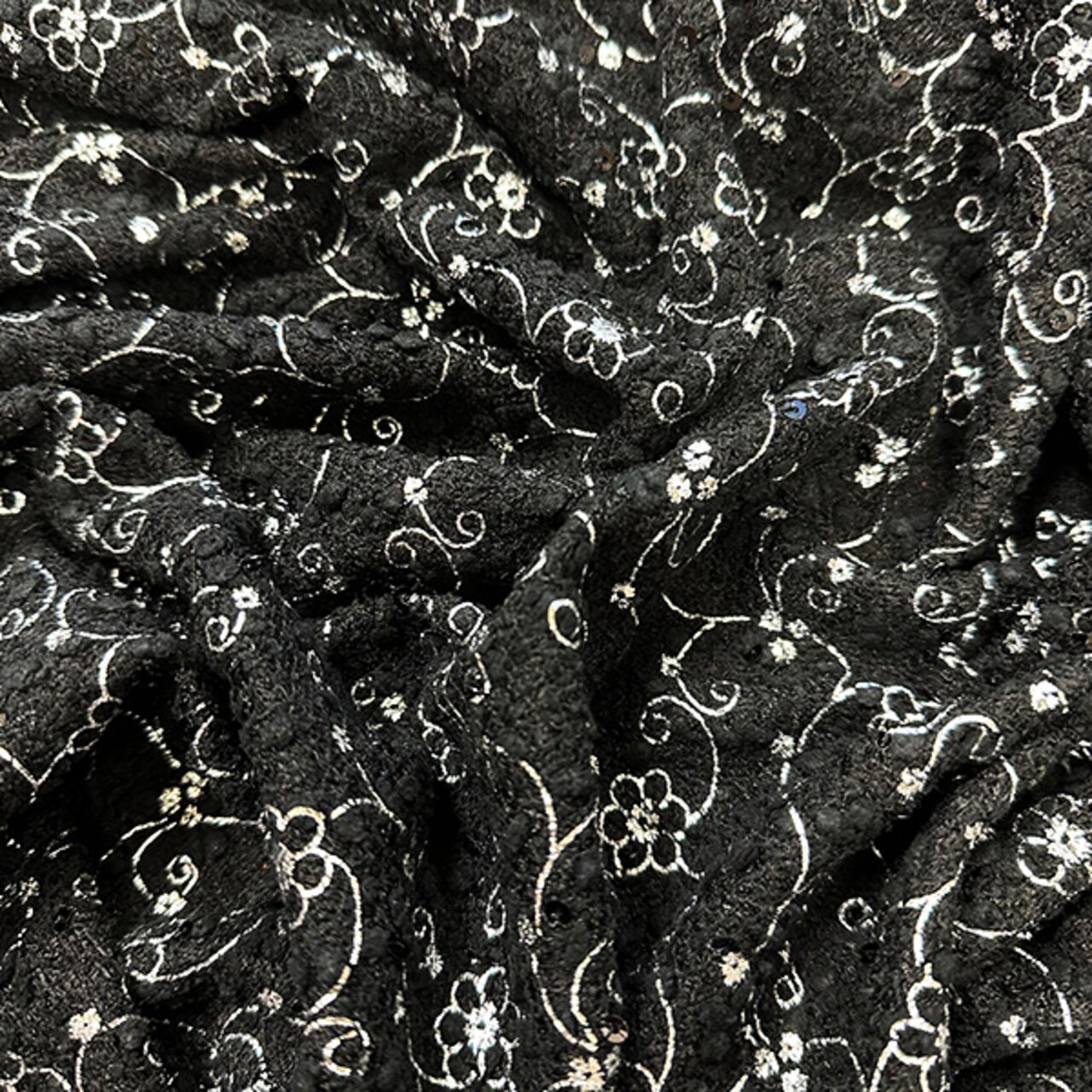 Silver Flocked Floral Faux Sequin on Black Chenille Fabric By the Yard